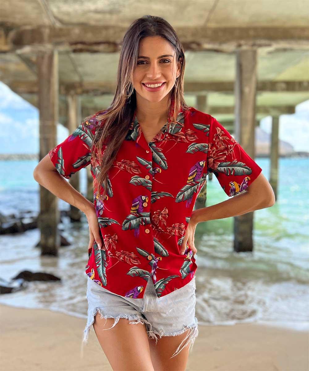 Paradise Found Jungle Bird Women's Jungle Bird Red Camp Shirt