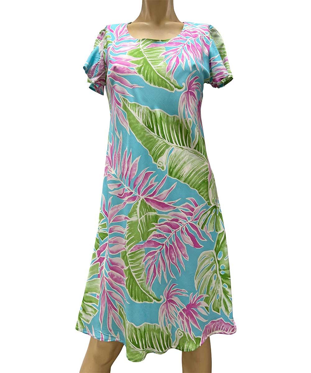 paradise found Mid Length Cap Sleeve Dresses Cabana Palms Aqua A-Line Dress with Cap Sleeves