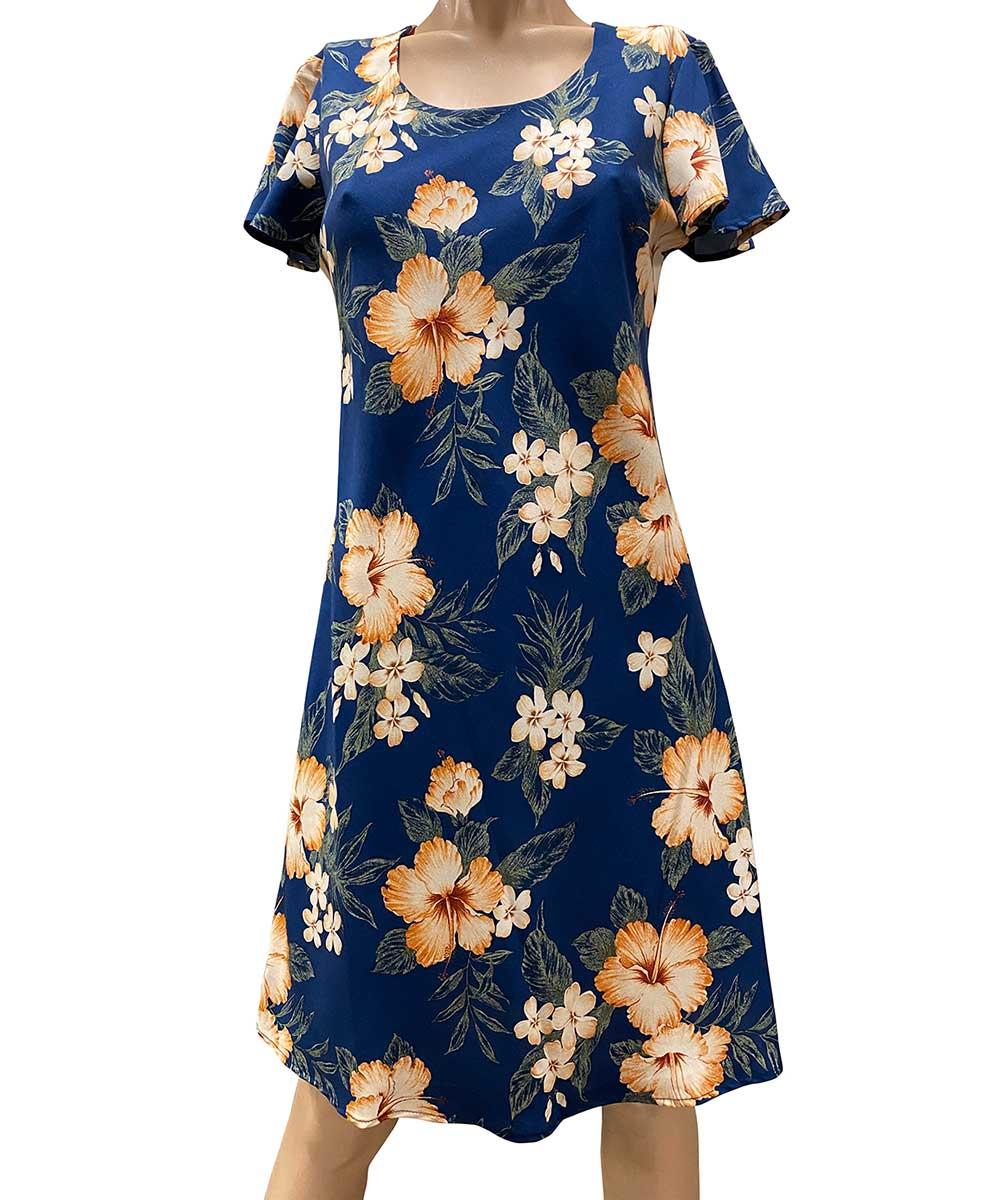paradise found Mid Length Cap Sleeve Dresses Hibiscus Garden Navy A-Line Dress with Cap Sleeves paradise found Mid Length Cap Sleeve Dresses Hibiscus Garden Navy A-Line Dress with Cap Sleeves