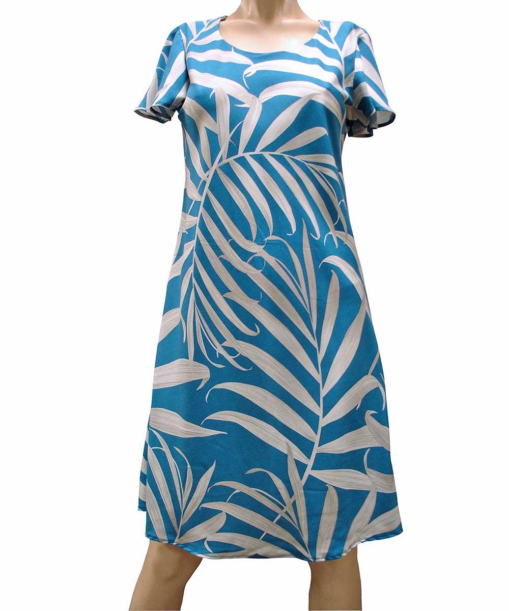 paradise found Mid Length Cap Sleeve Dresses Palm Fronds Blue A-Line Dress with Cap Sleeves