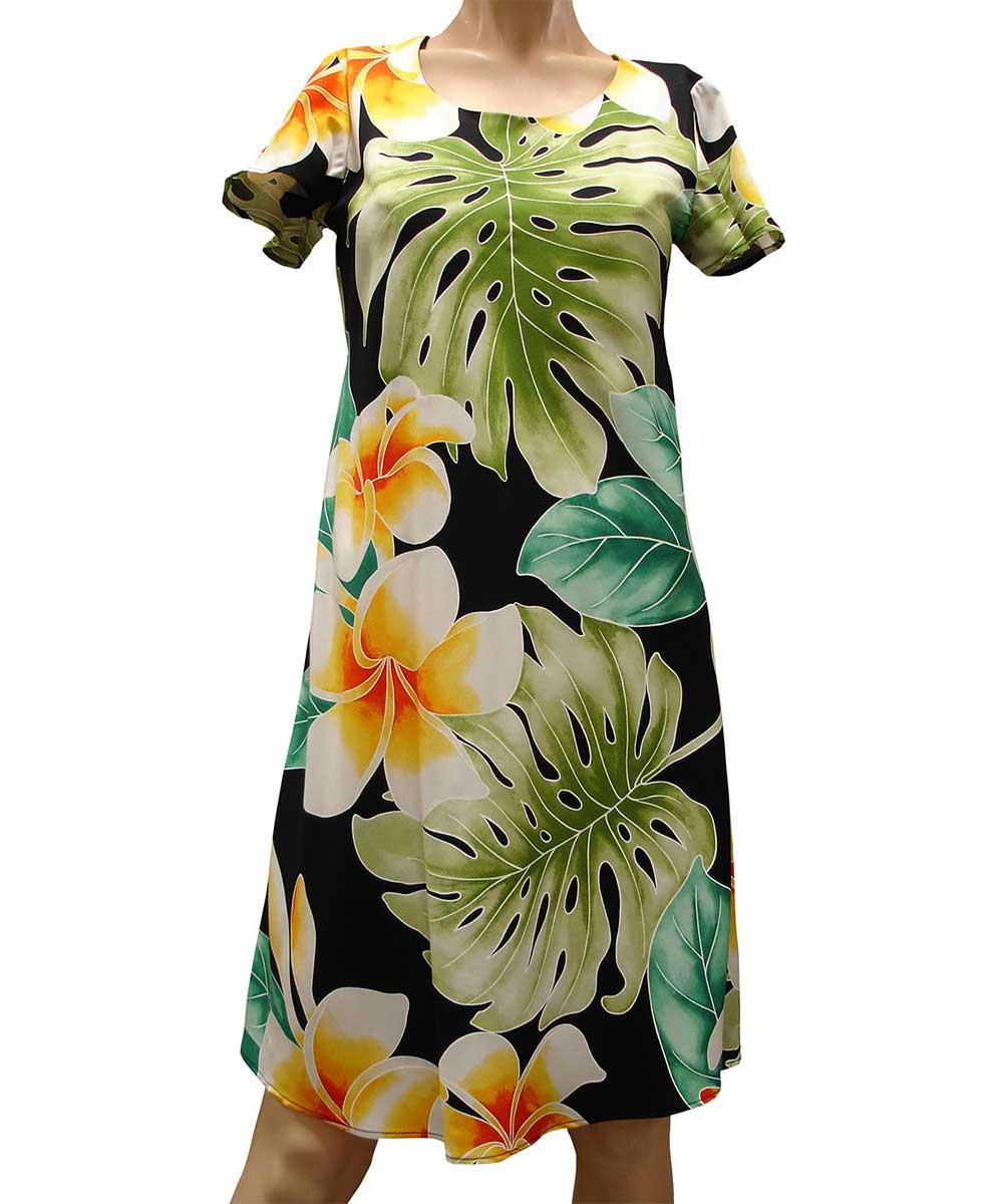 paradise found Mid Length Cap Sleeve Dresses Plumeria Beauty Black A-Line Dress with Cap Sleeves