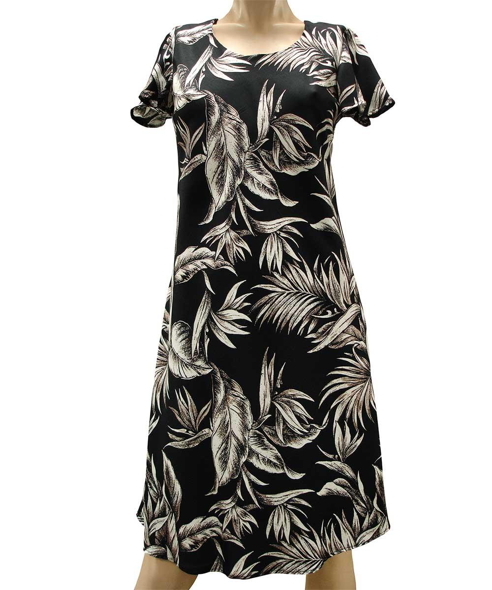paradise found Mid Length Cap Sleeve Dresses Tropical Paradise Black A-Line Dress with Cap Sleeves