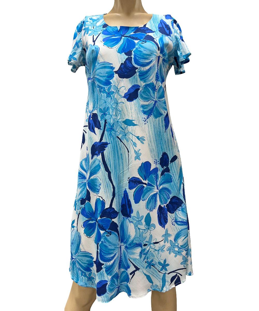 paradise found Mid Length Cap Sleeve Dresses Watercolor Hibiscus Blue A-Line Dress with Cap Sleeves
