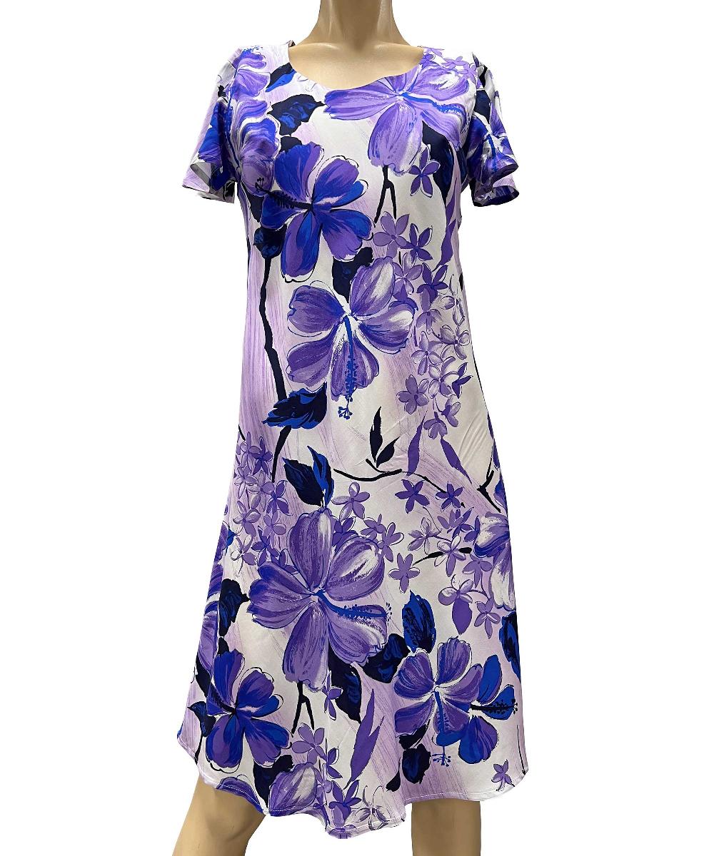 paradise found Mid Length Cap Sleeve Dresses Watercolor Hibiscus Purple A-Line Dress with Cap Sleeves