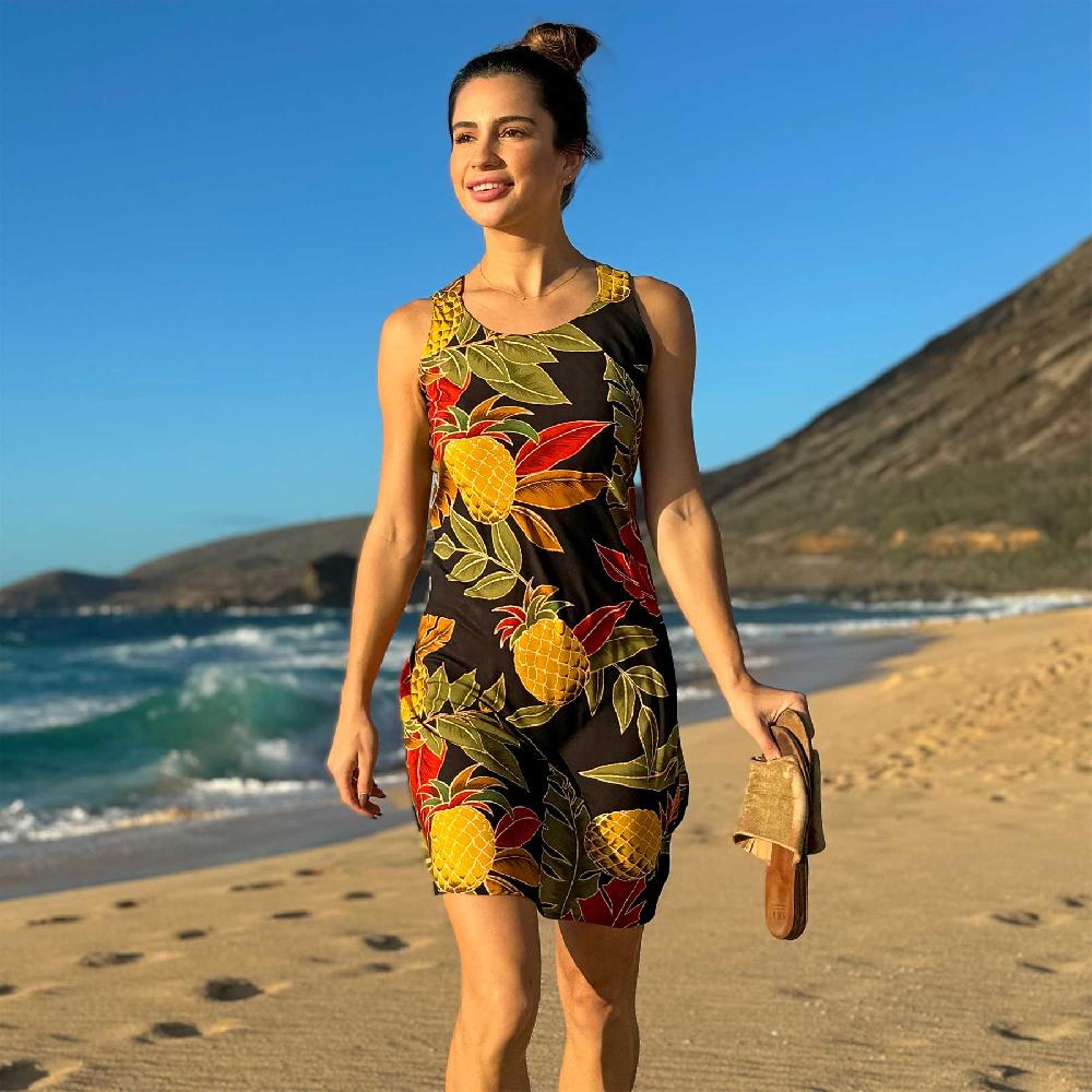 Paradise Found Mid Length Tank Dresses Retro Pineapple Midnight Tank Dress