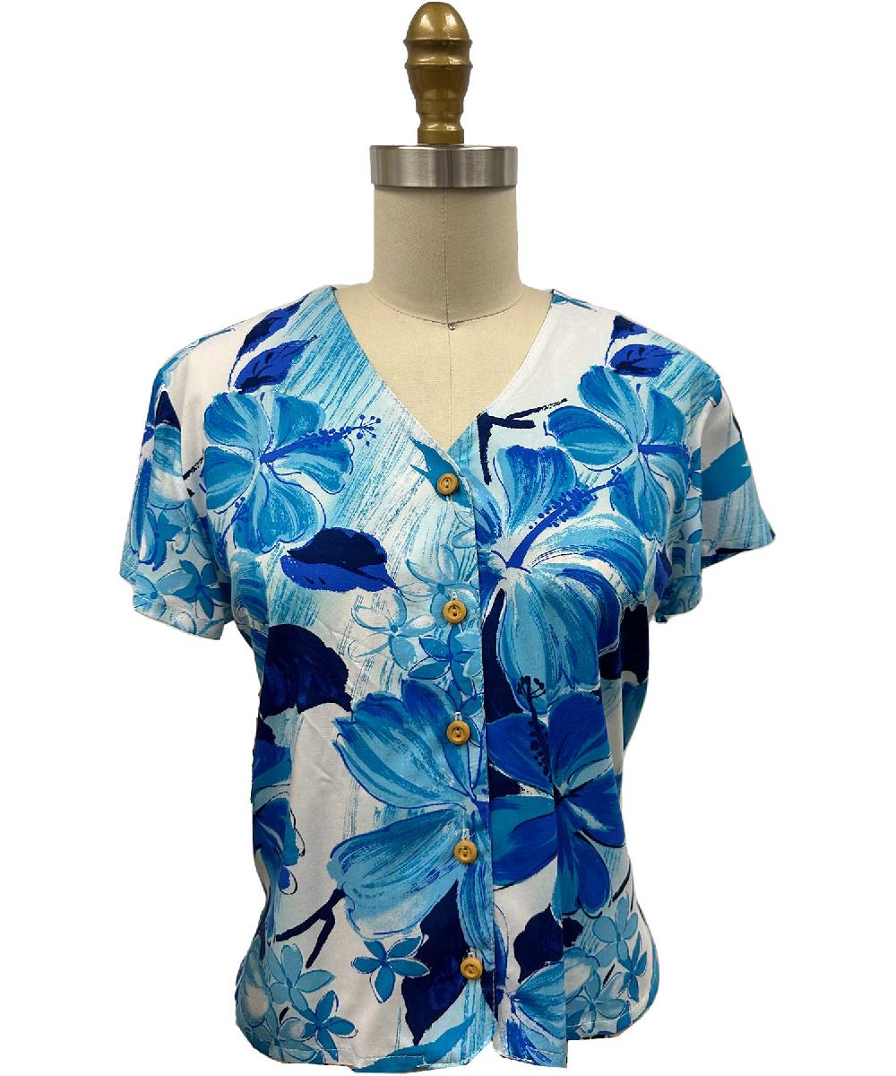 paradise found New Tops Watercolor Hibiscus Blue V-Neck Blouse