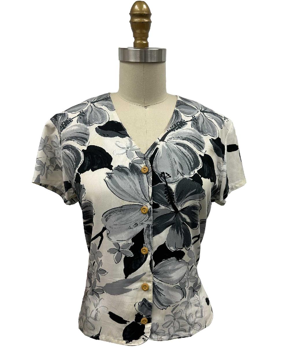 paradise found New Tops Watercolor Hibiscus Gray V-Neck Blouse