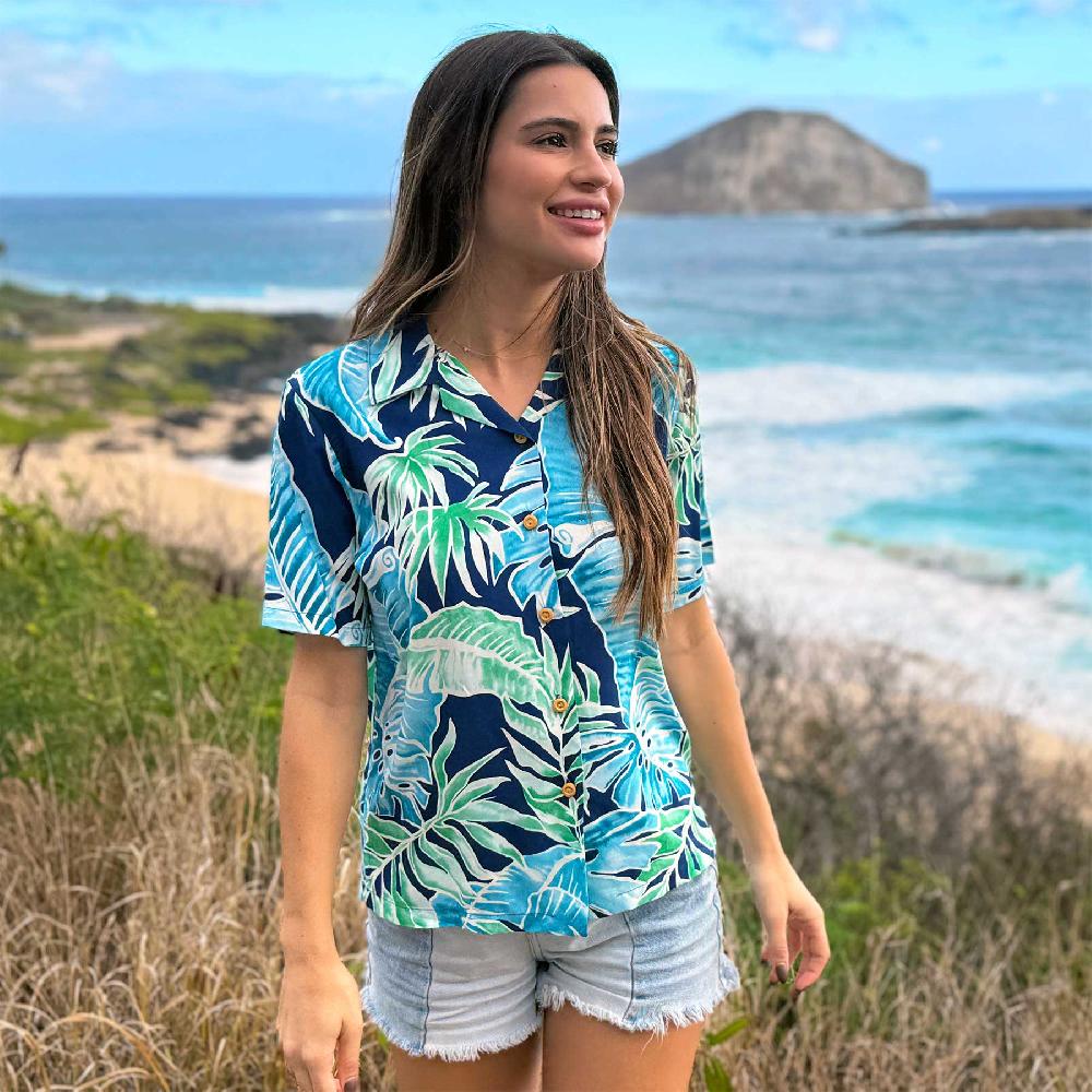 Paradise Found New Tops Women's Cabana Palms Navy Camp Shirt