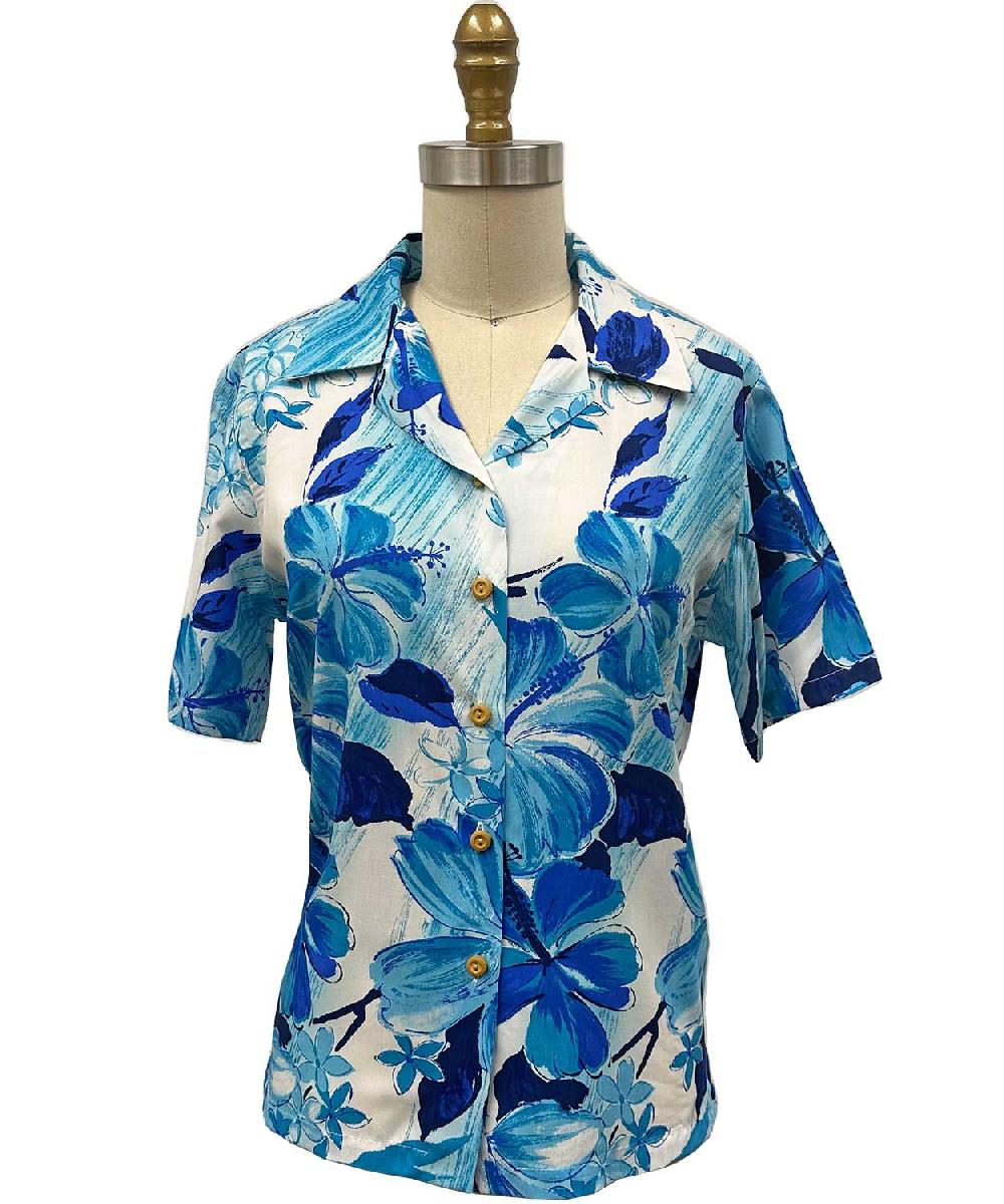 paradise found New Tops Women's Watercolor Hibiscus Blue Camp Shirt paradise found New Tops Women's Watercolor Hibiscus Blue Camp Shirt
