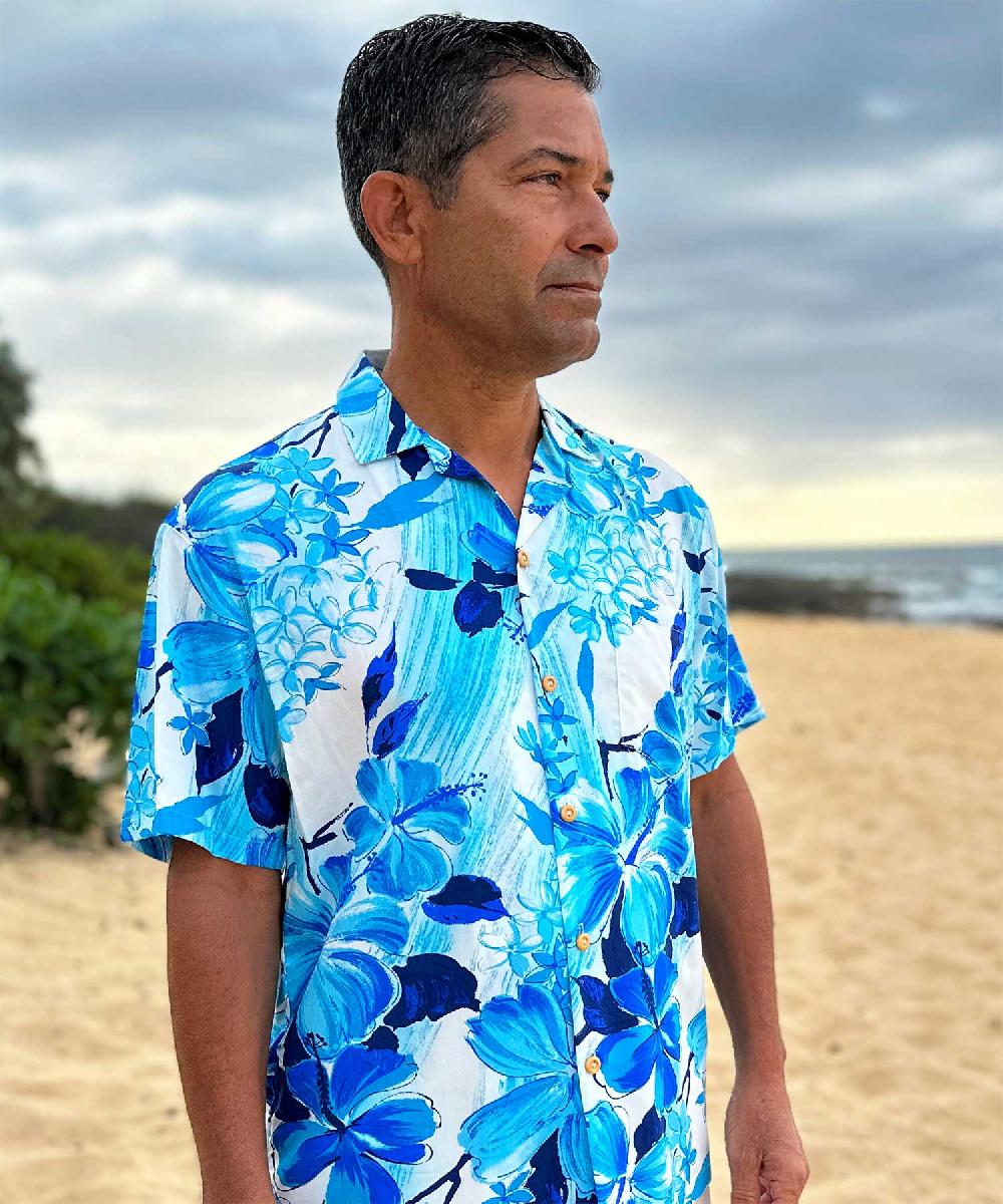 Paradise Found Paradise Found Men's Shirts Watercolor Hibiscus Blue