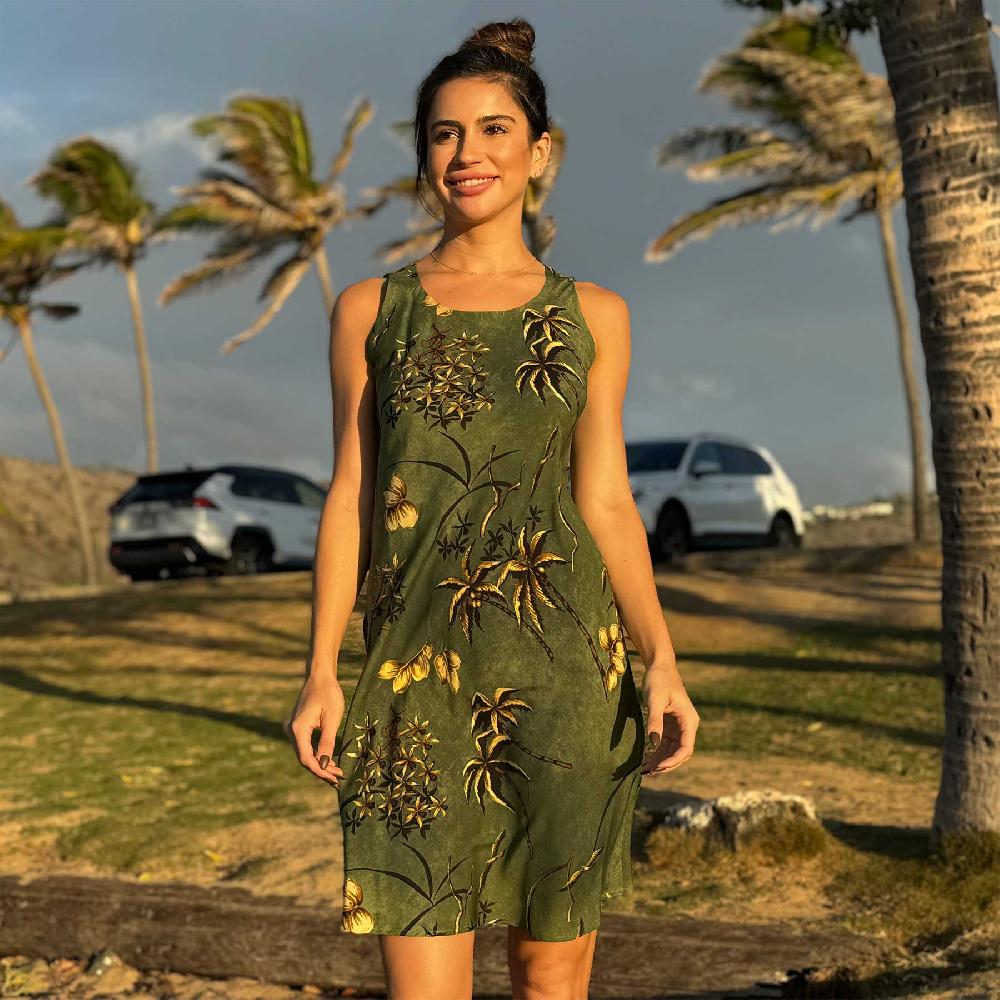 Paradise Found Retro Oasis Palms Hawaiian Shirts Retro Oasis Moss Tank Dress