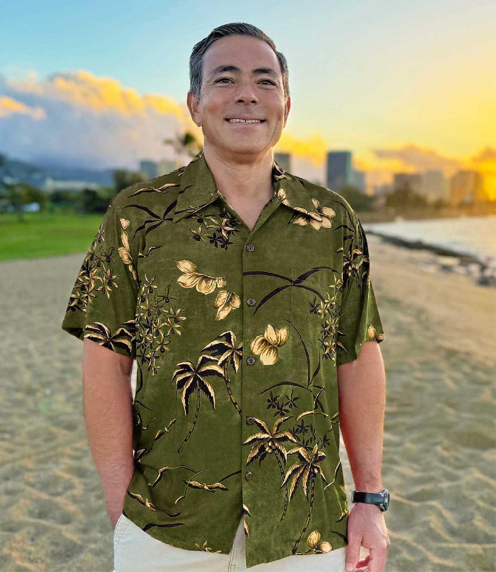 Paradise Found Retro Oasis Palms Hawaiian Shirts Retro Oasis Palms - Moss