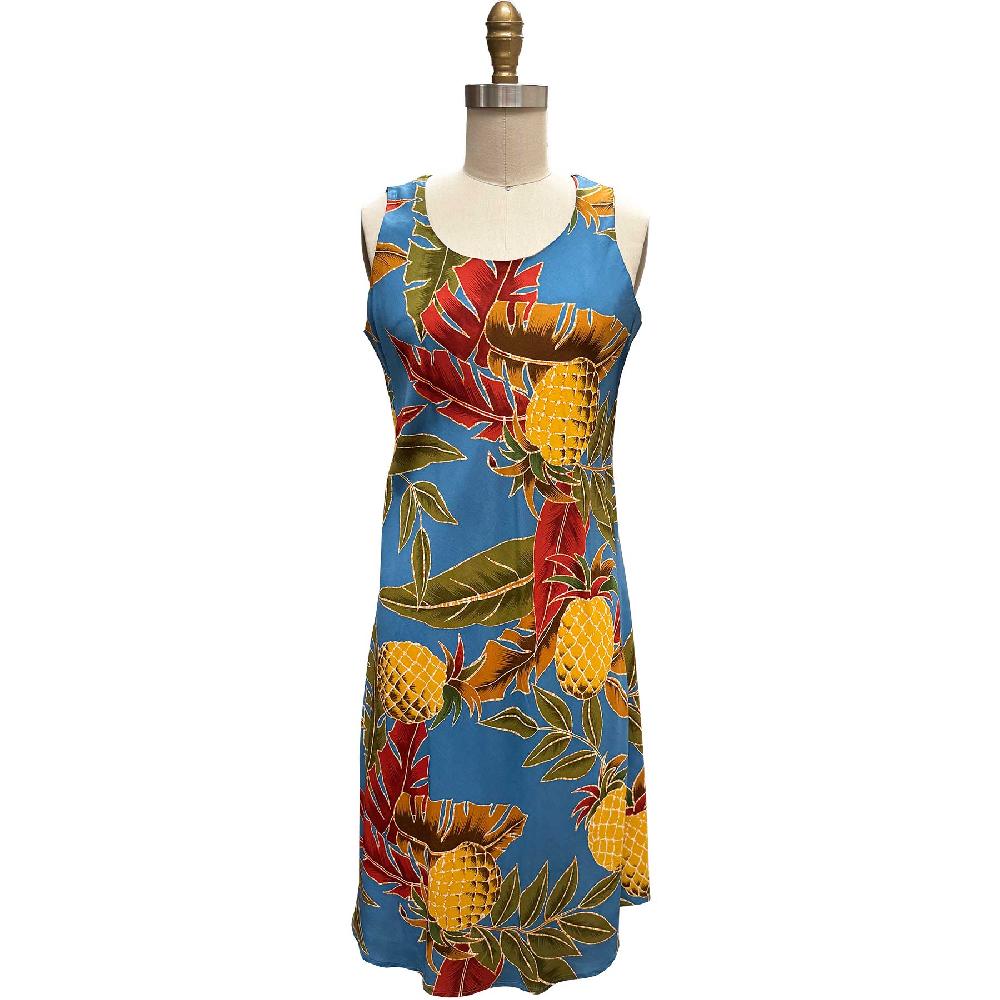 paradise found Retro Pineapple Hawaiian Shirts Retro Pineapple Morning Blue Tank Dress