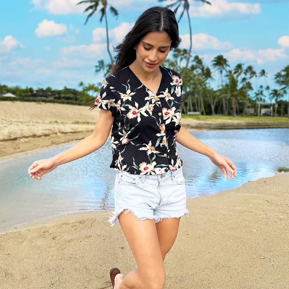 Paradise Found Star Orchid Hawaiian Shirts Star Orchid Black V-Neck Blouse
