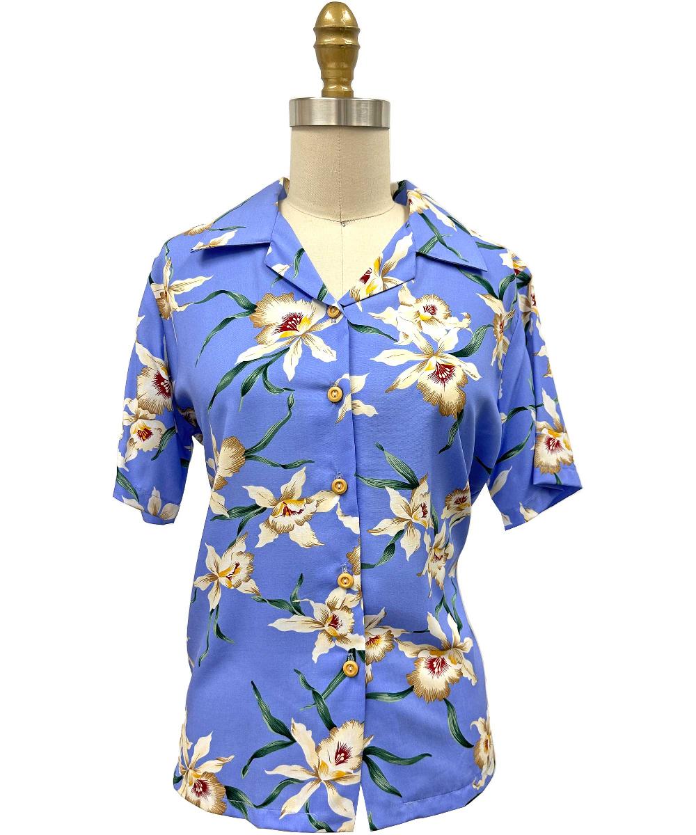 paradise found Star Orchid Hawaiian Shirts Women's Star Orchid Periwinkle Camp Shirt