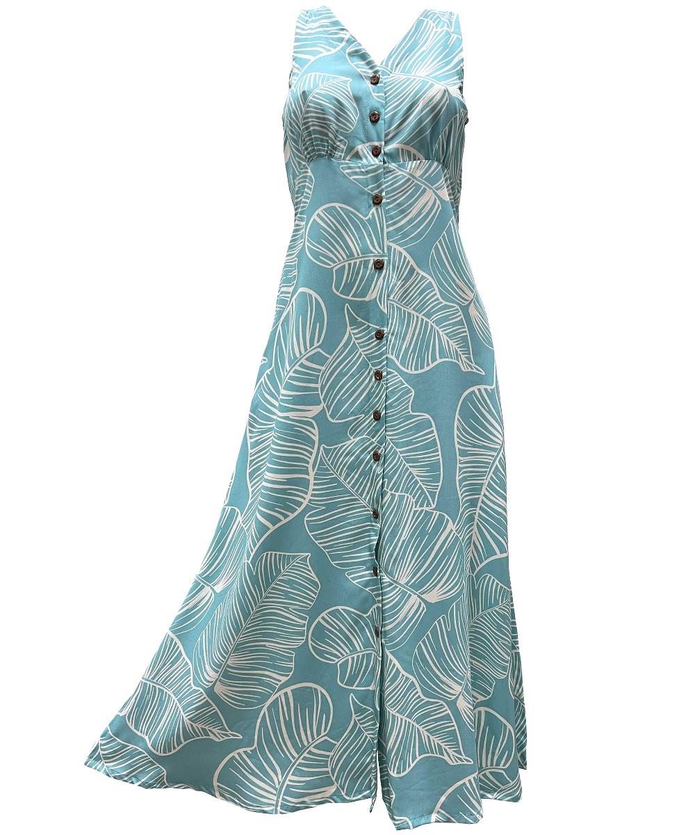 Paradise Found Taro Leaf Hawaiian Shirts Taro Leaf Aqua Button Front Tank Dress