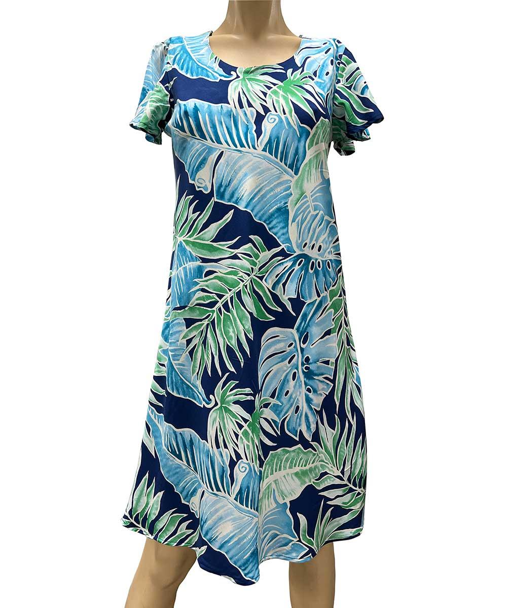 paradise found Tropical Dresses Cabana Palms Navy A-Line Dress with Cap Sleeves