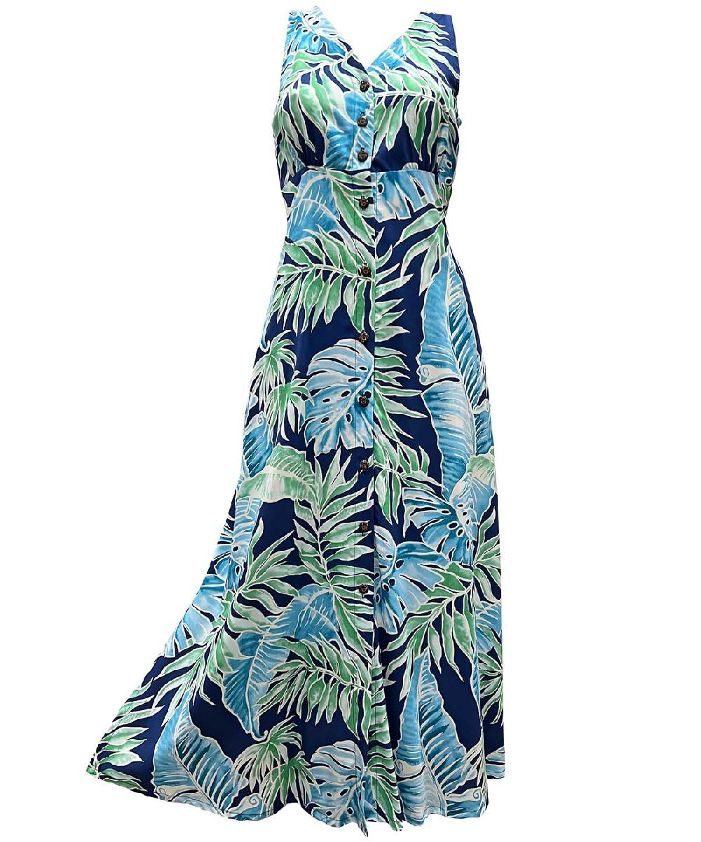 paradise found Tropical Dresses Cabana Palms Navy Button Front Tank Dress