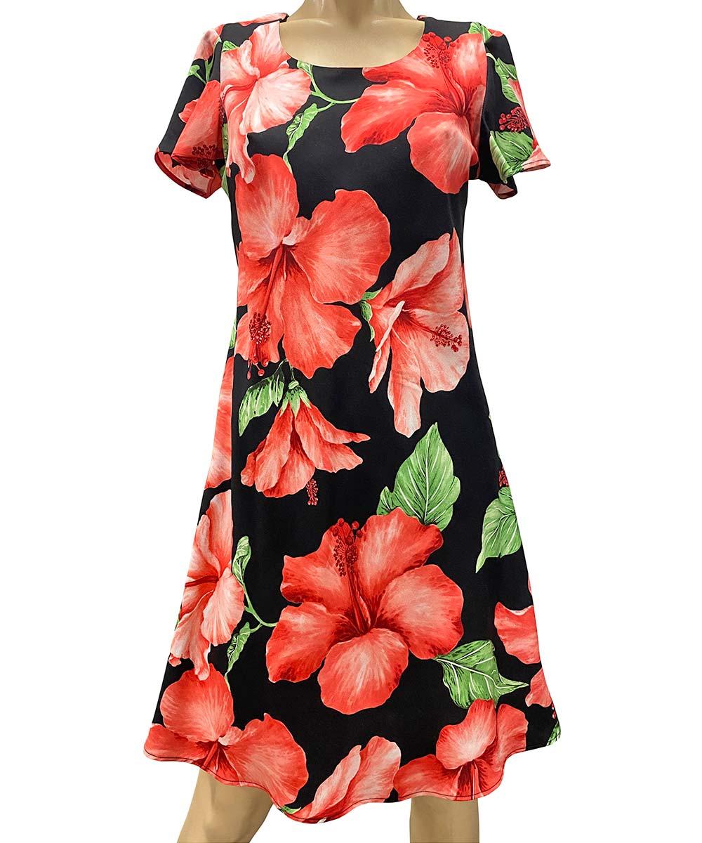 paradise found Tropical Dresses Hibiscus Blossom Black A-Line Dress with Cap Sleeves