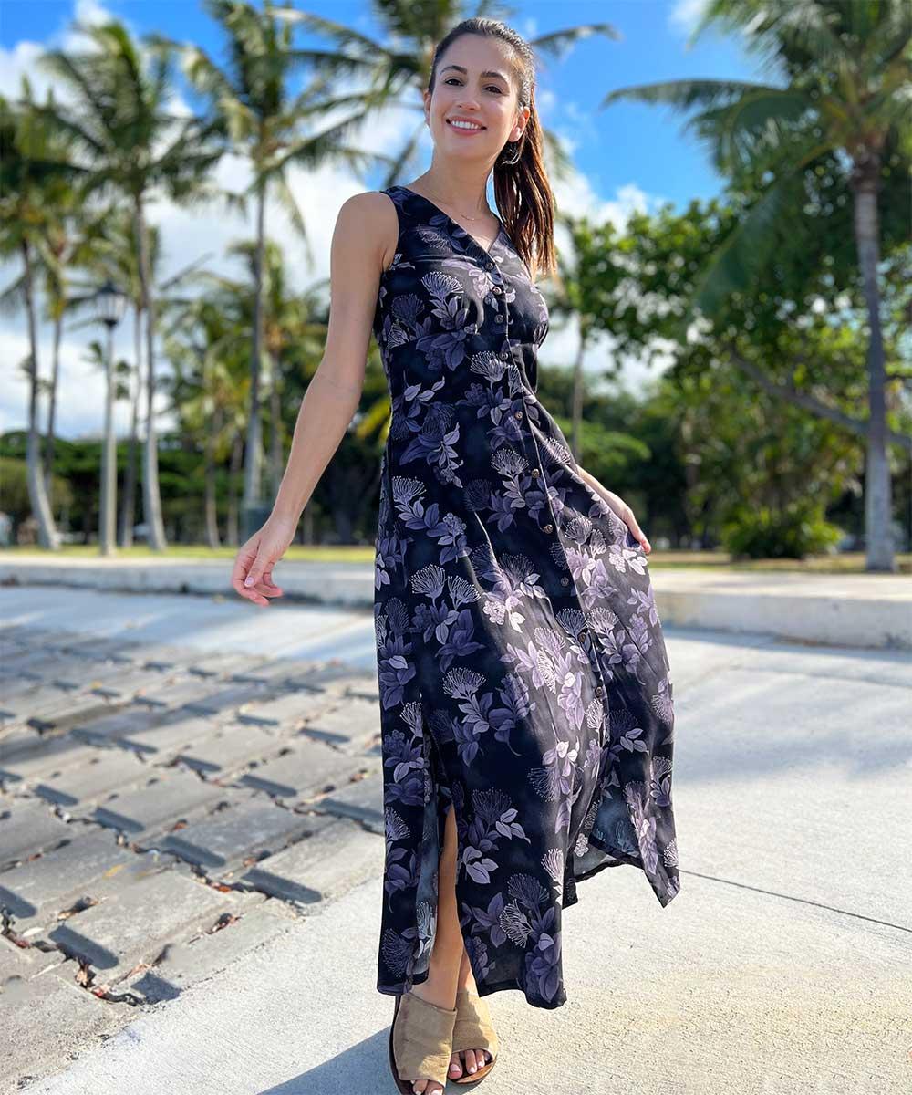 Paradise Found Tropical Dresses Ohia Black Button Front Tank Dress