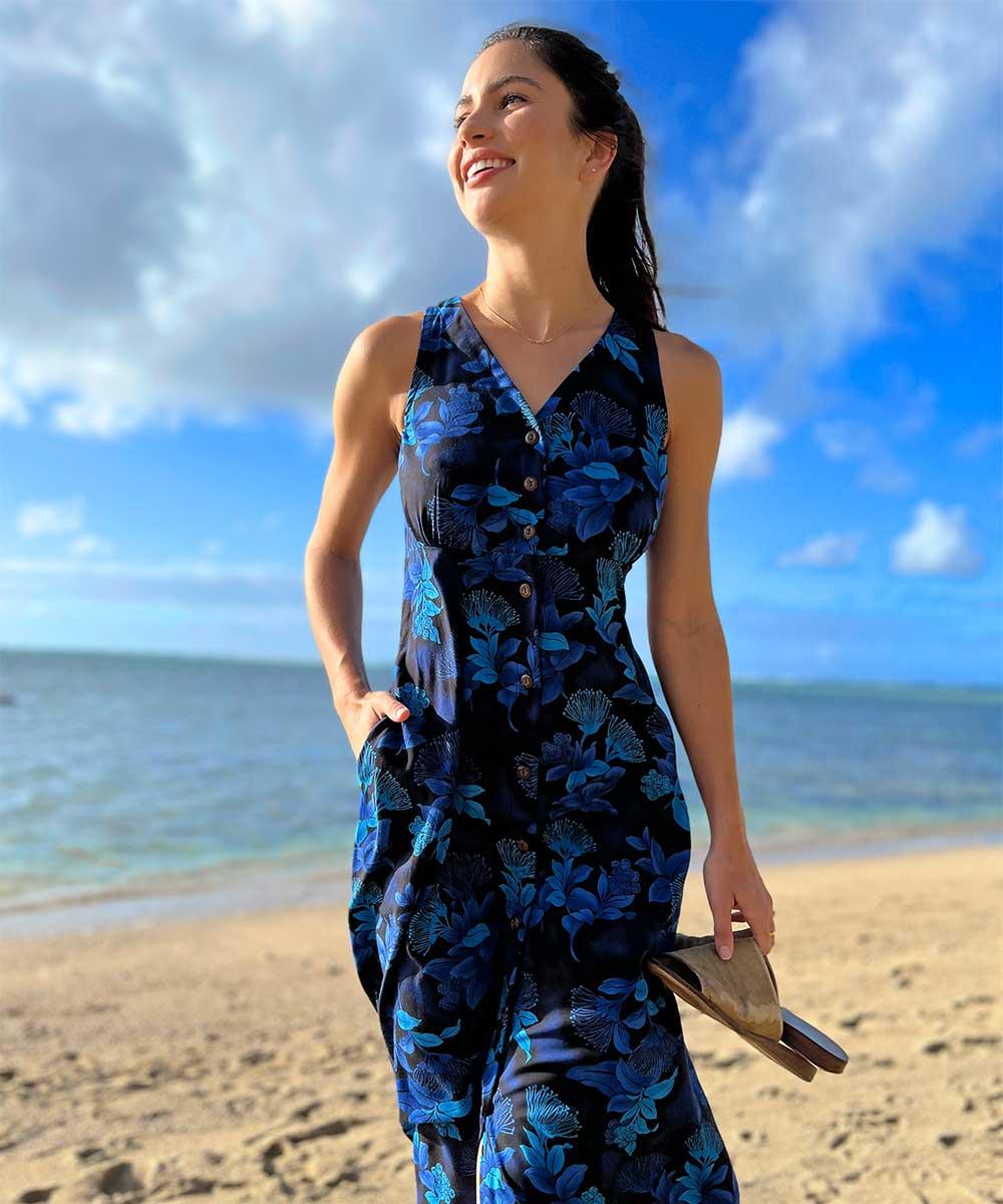 Paradise Found Tropical Dresses Ohia Navy Button Front Tank Dress