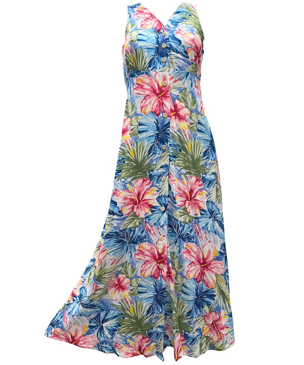 paradise found Tropical Dresses Painted Hibiscus Blue Button Front Tank Dress