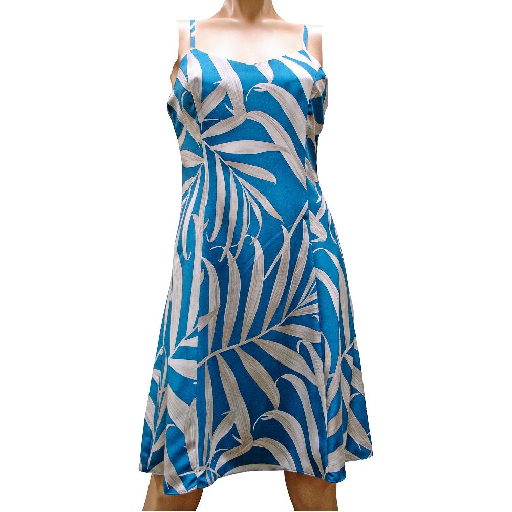paradise found Tropical Dresses Palm Fronds Blue Spaghetti Dress