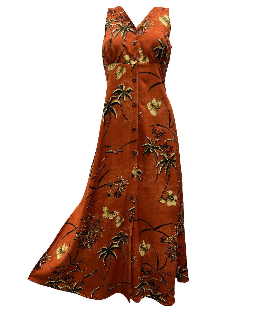 paradise found Tropical Dresses Retro Oasis Palms Rust Button Front Tank Dress
