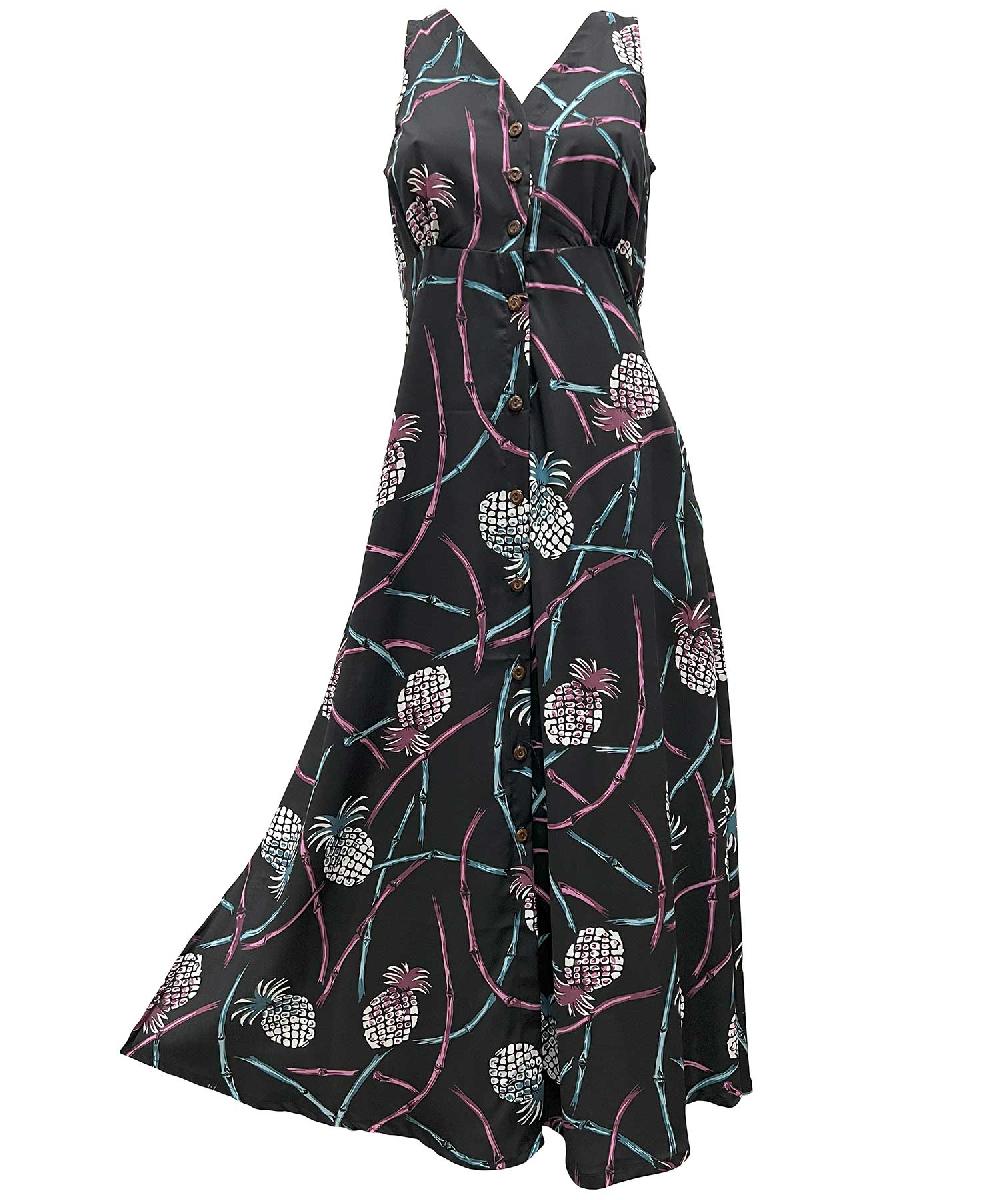 paradise found Tropical Dresses Retro Pineapple Bamboo Black Button Front Tank Dress