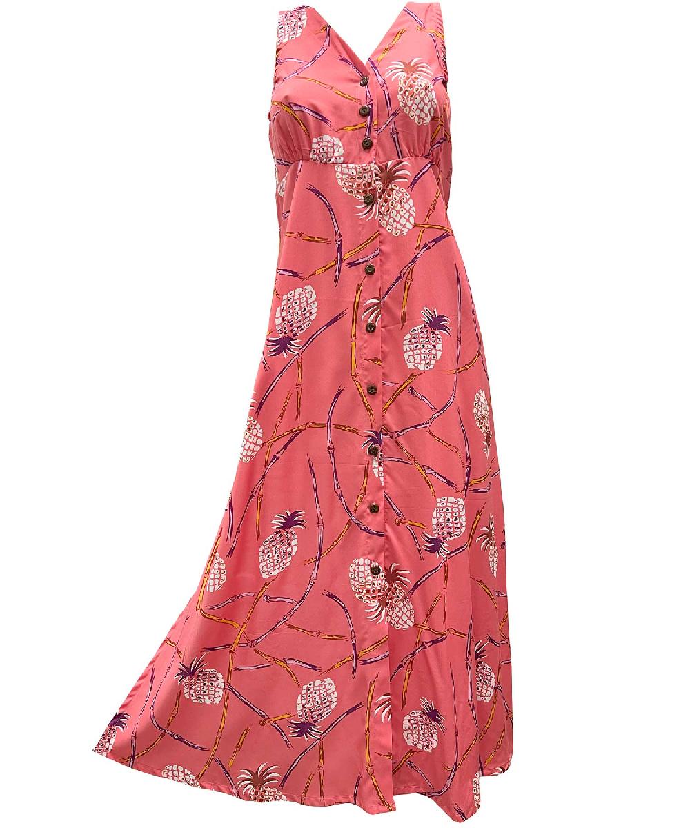 paradise found Tropical Dresses Retro Pineapple Bamboo Coral Button Front Tank Dress
