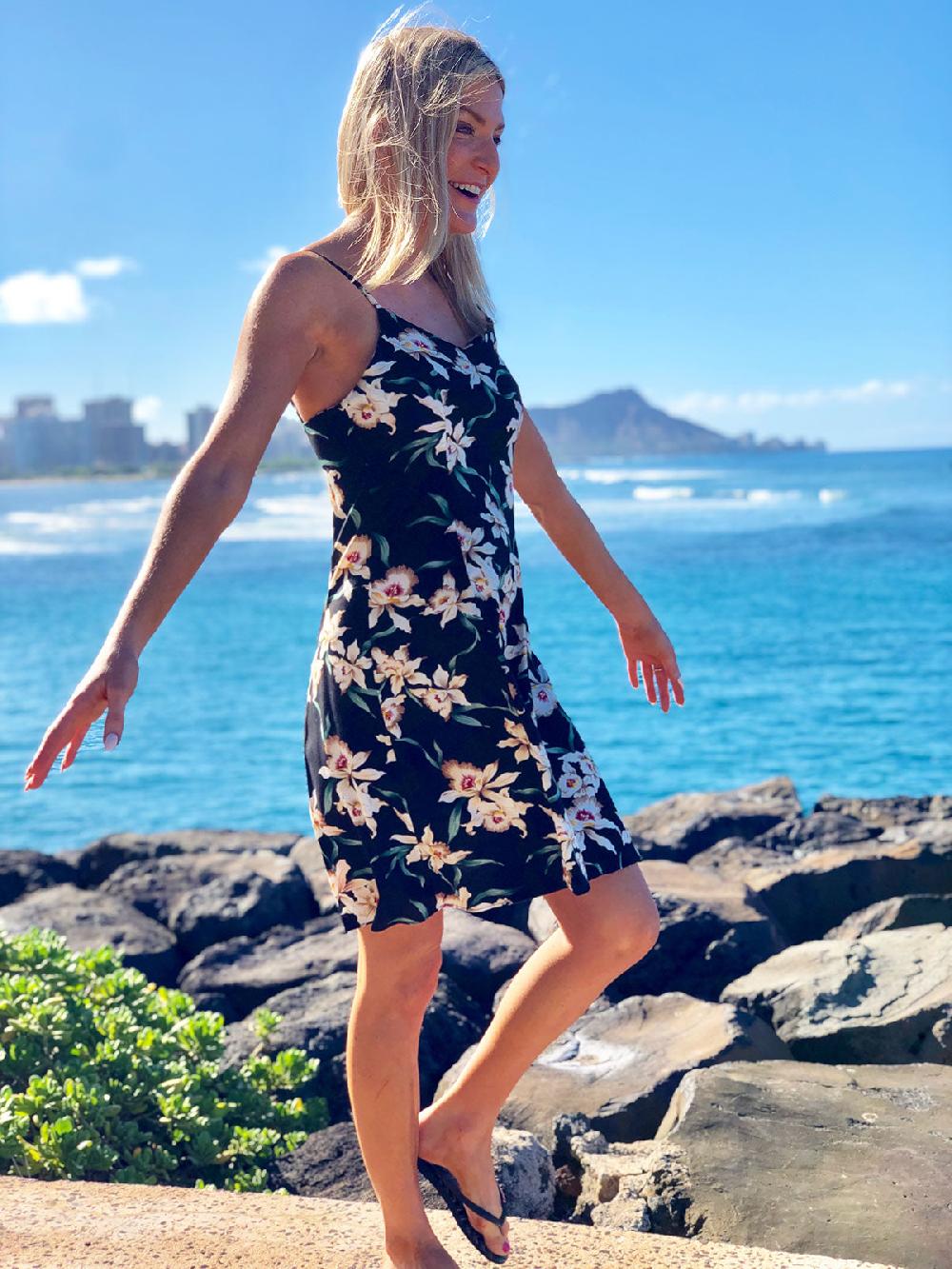 Paradise Found Tropical Dresses Star Orchid Black Spaghetti Dress