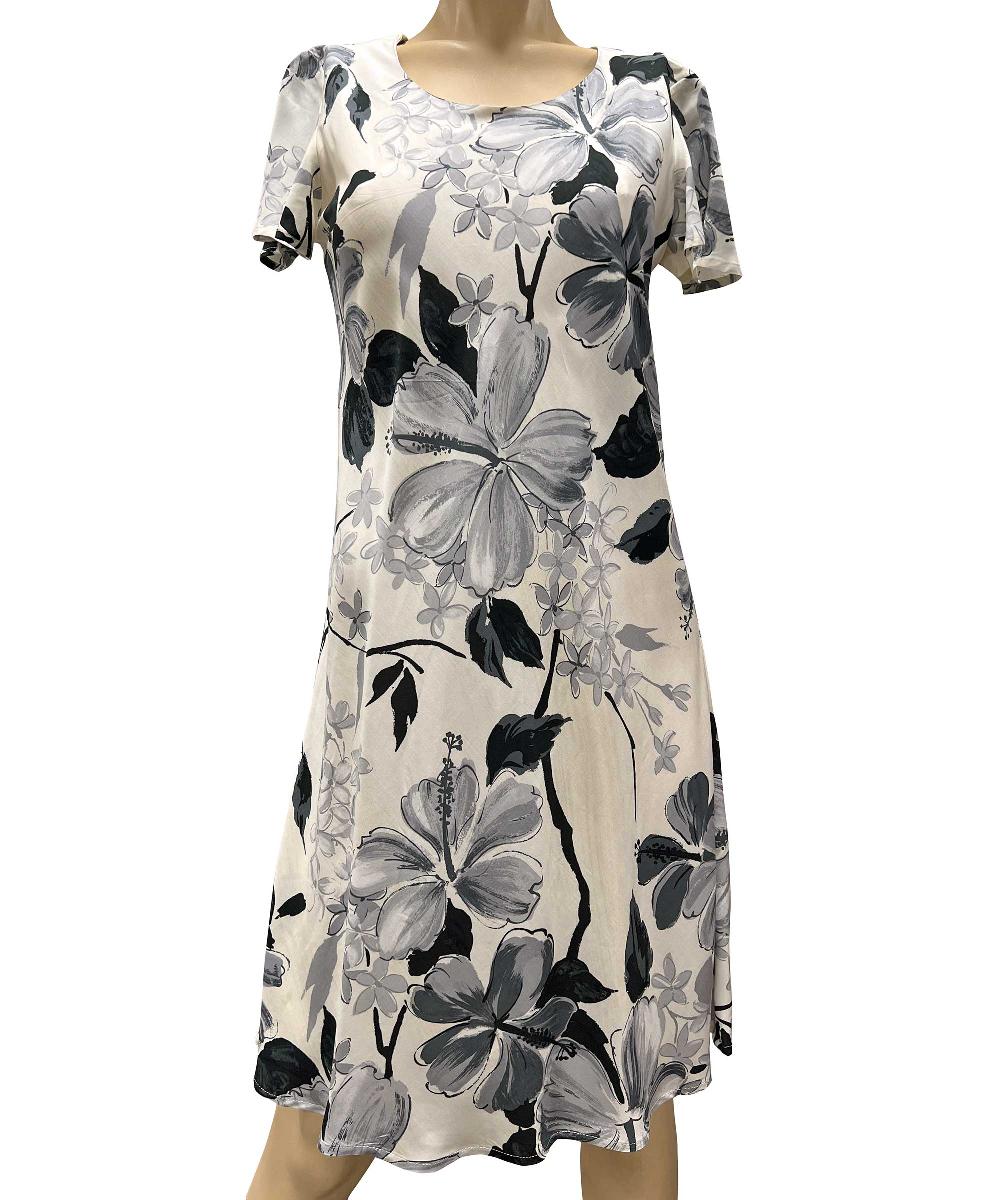 paradise found Tropical Dresses Watercolor Hibiscus Gray A-Line Dress with Cap Sleeves