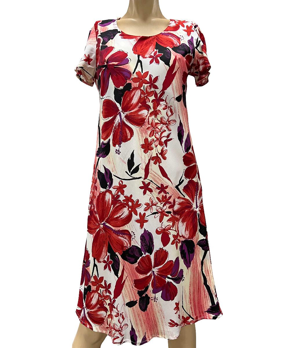 paradise found Tropical Dresses Watercolor Hibiscus Red A-Line Dress with Cap Sleeves
