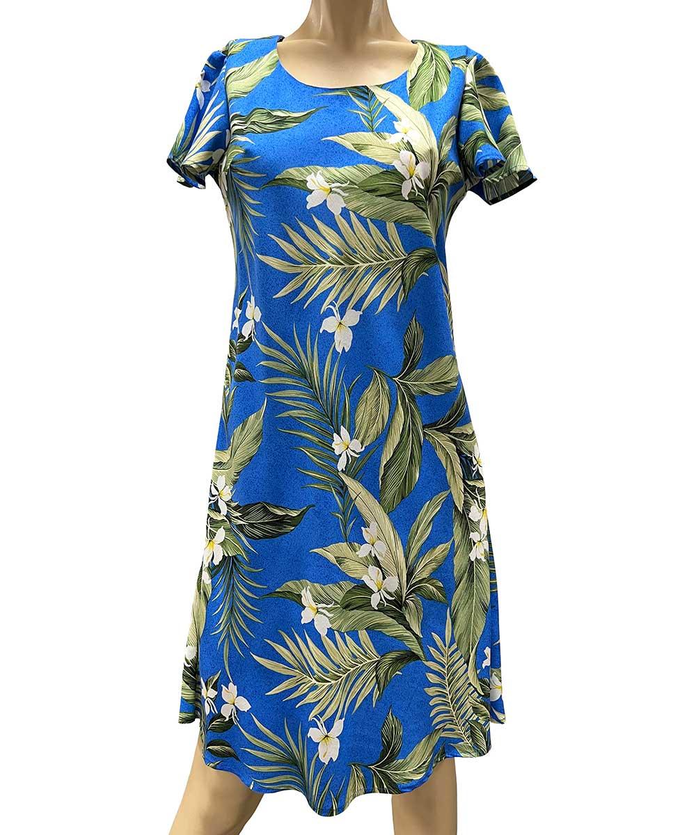 paradise found Tropical Dresses White Ginger Blue A-Line Dress with Cap Sleeves