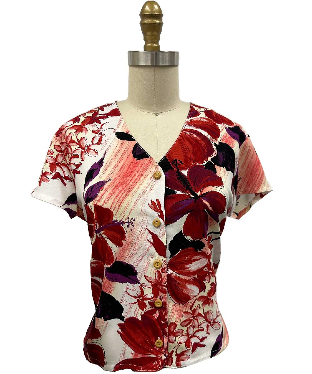 paradise found V Neck Tops Watercolor Hibiscus Red V-Neck Blouse