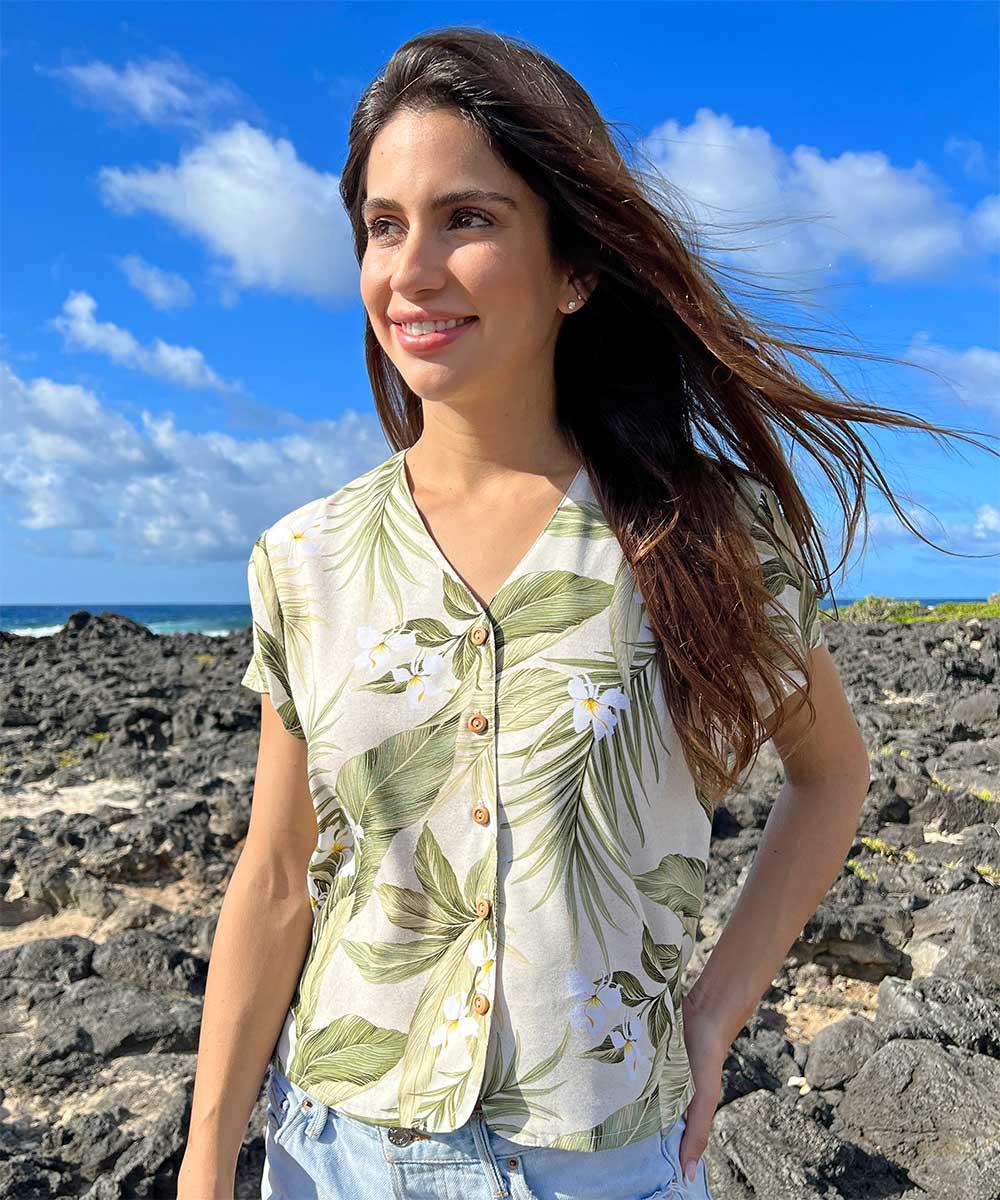 Paradise Found V Neck Tops White Ginger Khaki V-Neck Blouse