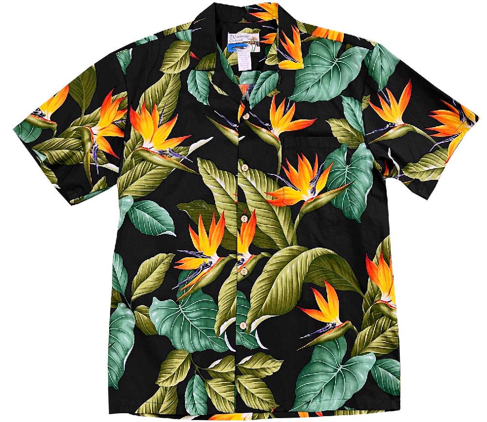 paradise found Waimea Casuals Men's Shirts Airbrush Bird of Paradise Black