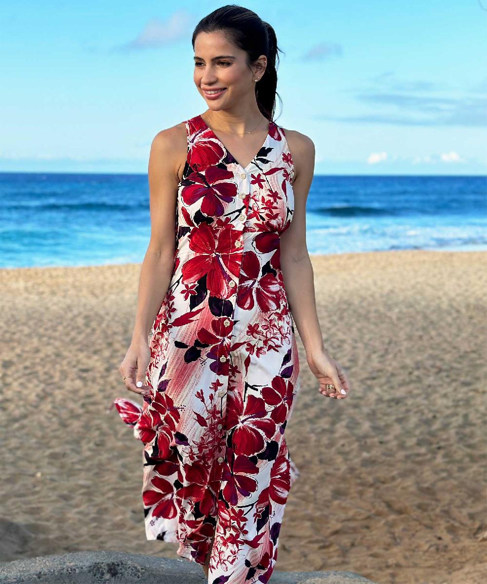 Paradise Found Watercolor Hibiscus Hawaiian Shirts Watercolor Hibiscus Red Button Front Tank Dress