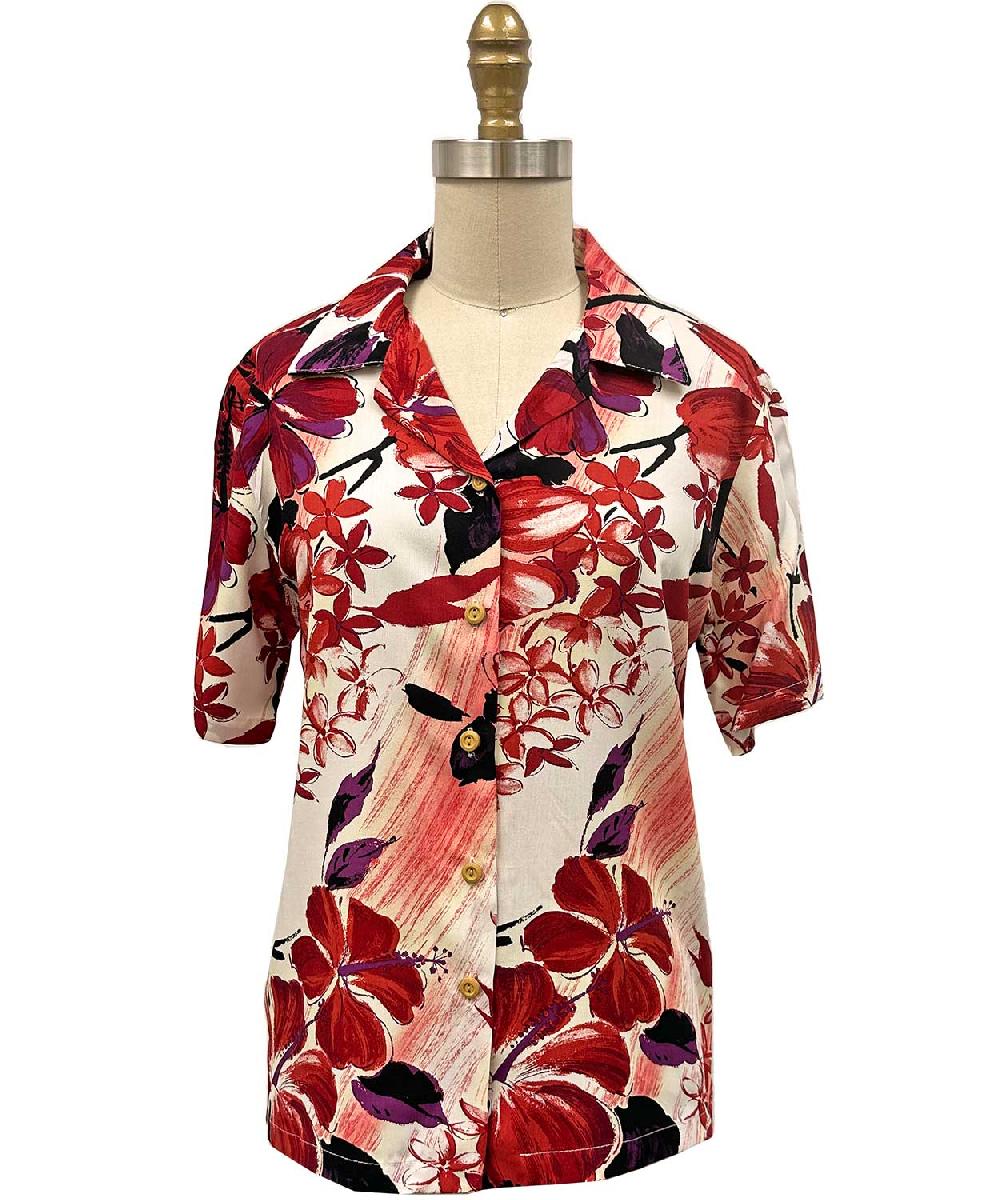 paradise found Watercolor Hibiscus Hawaiian Shirts Women's Watercolor Hibiscus Red Camp Shirt