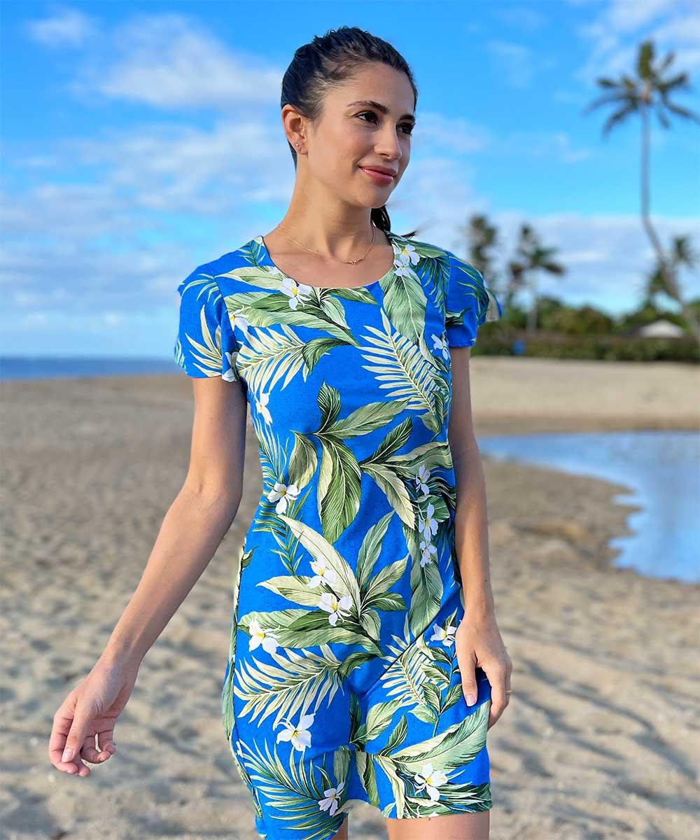 Paradise Found White Ginger Hawaiian Shirts White Ginger Blue A-Line Dress With Cap Sleeves