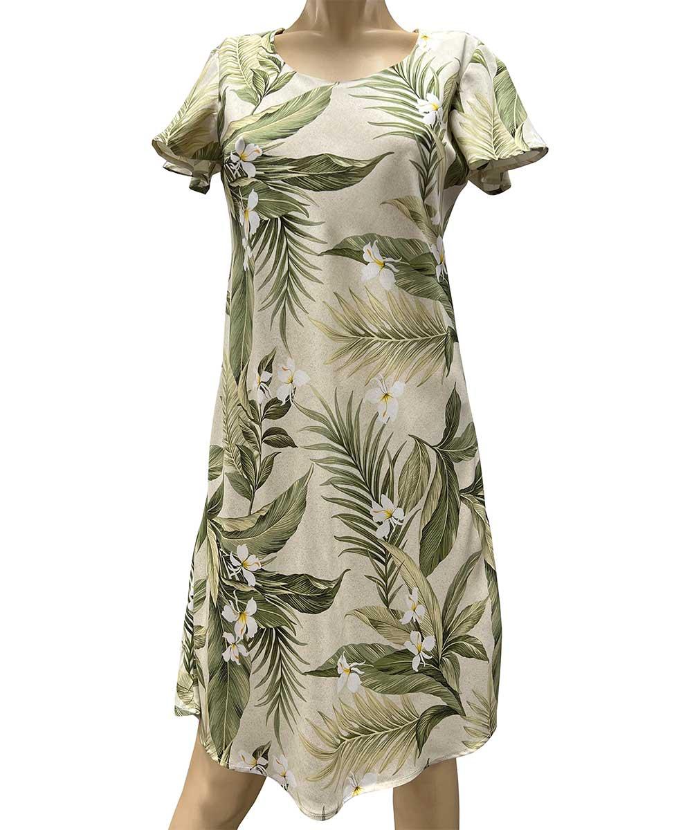 paradise found White Ginger Hawaiian Shirts White Ginger Khaki A-Line Dress with Cap Sleeves