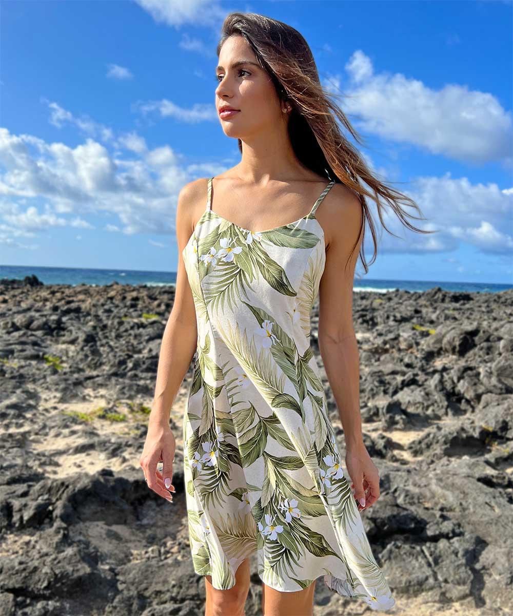 Paradise Found White Ginger Hawaiian Shirts White Ginger Khaki Spaghetti Dress