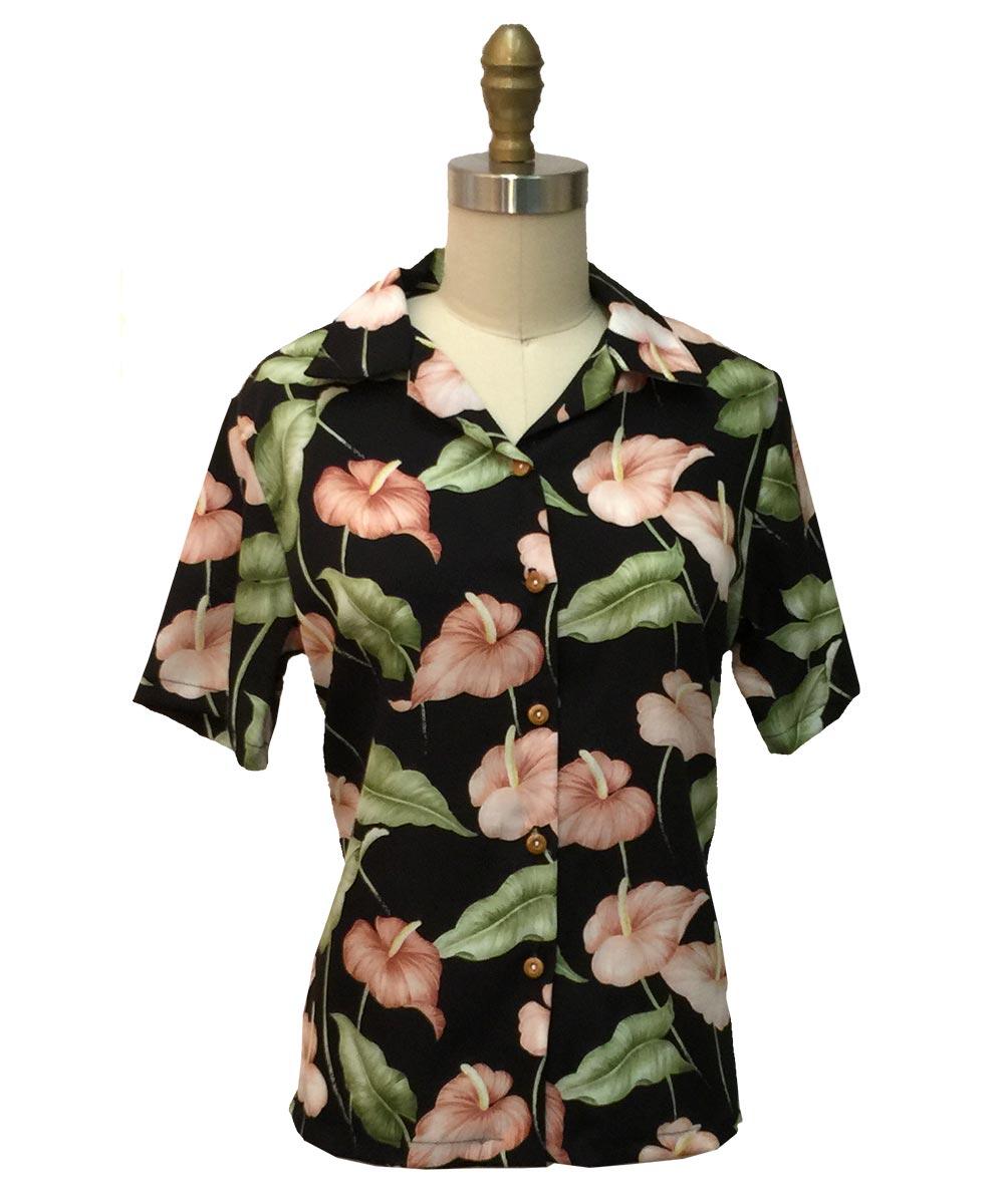paradise found Women's Camp Shirts Women's Anthurium Garden Black Camp Shirt