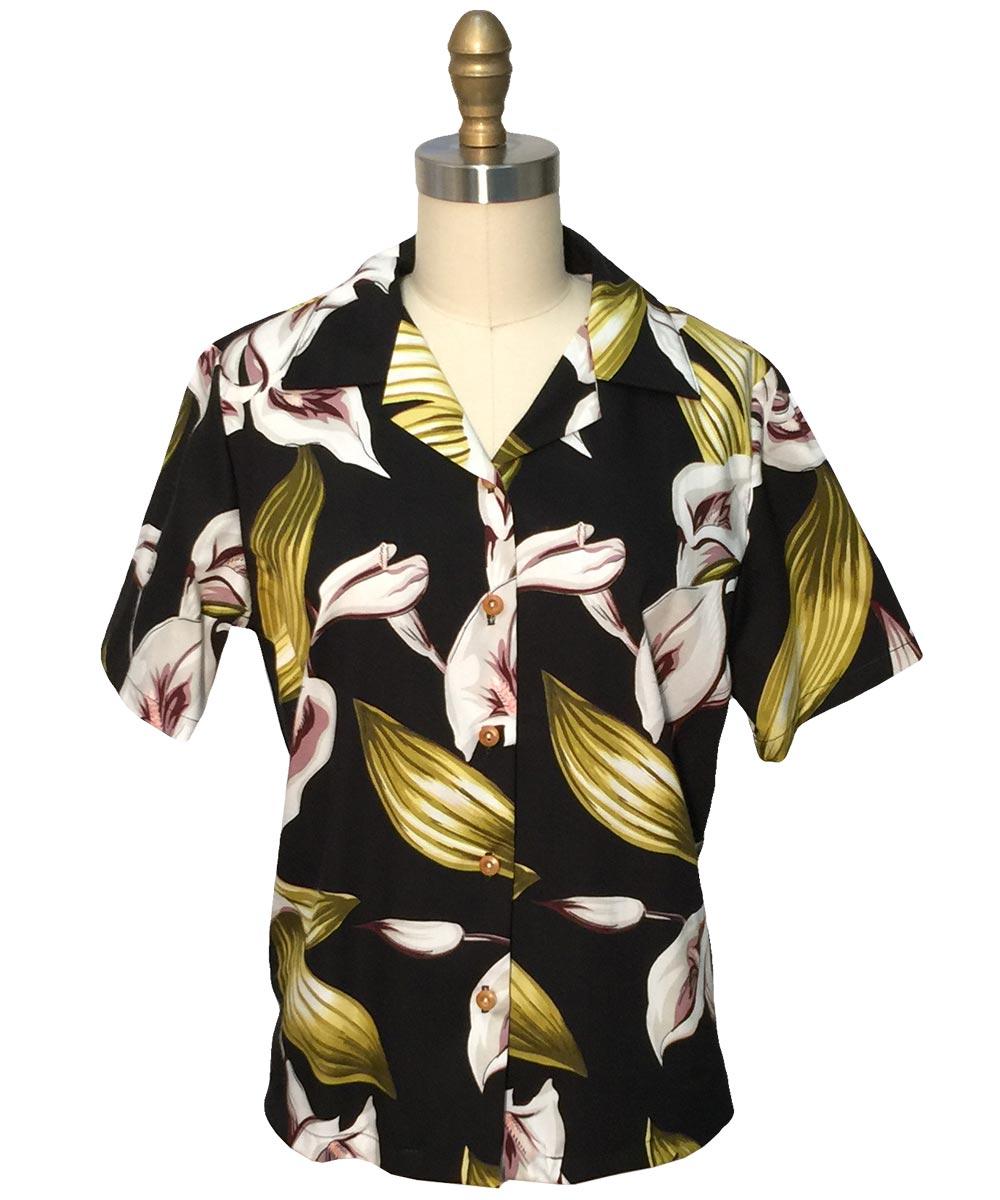paradise found Women's Camp Shirts Women's Calla Lily Black Camp Shirt
