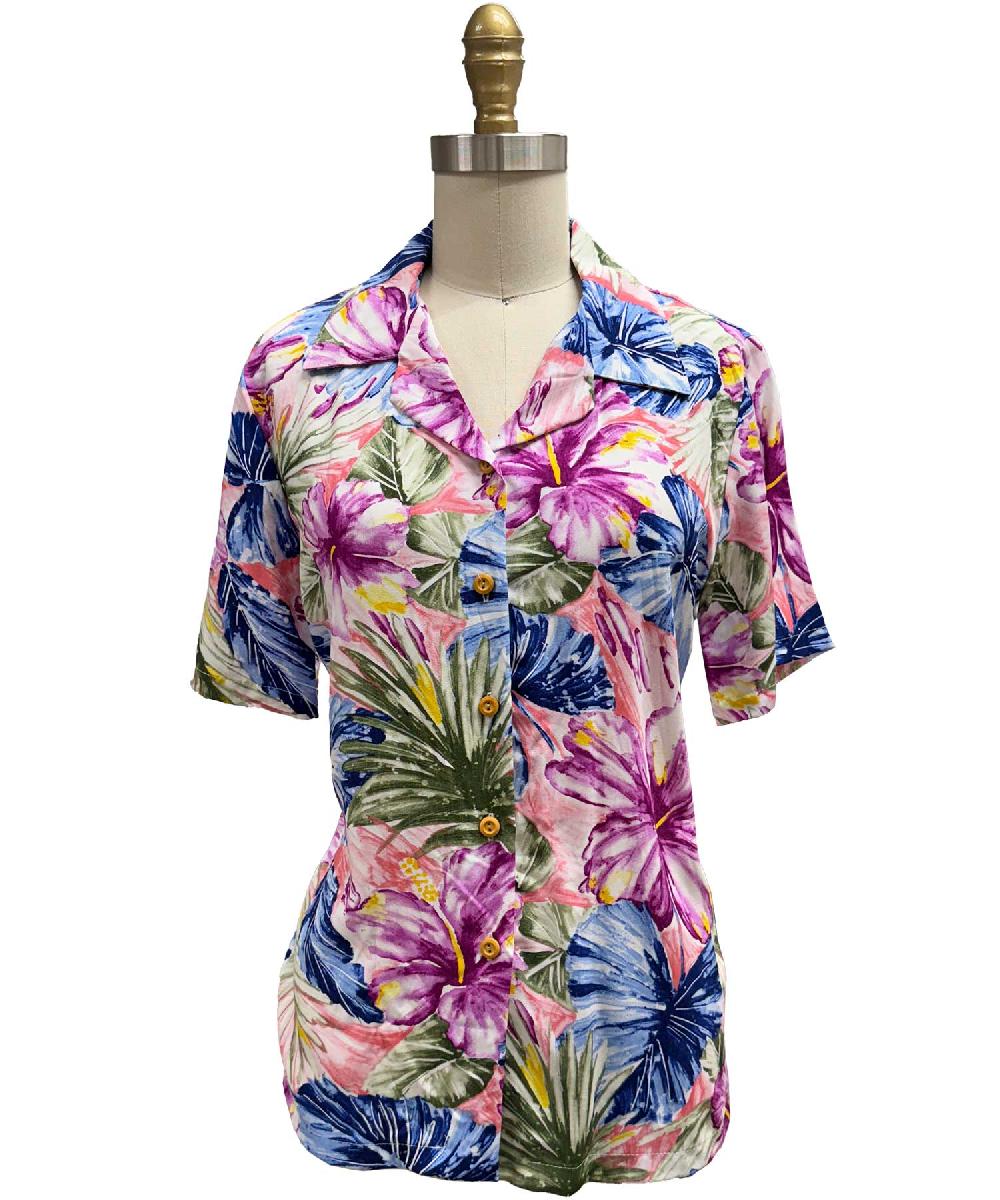 paradise found Women's Camp Shirts Women's Painted Hibiscus Coral Camp Shirt