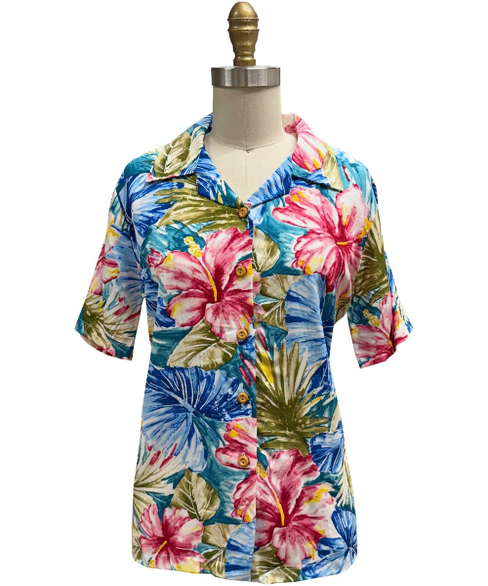 paradise found Women's Camp Shirts Women's Painted Hibiscus Jade Camp Shirt