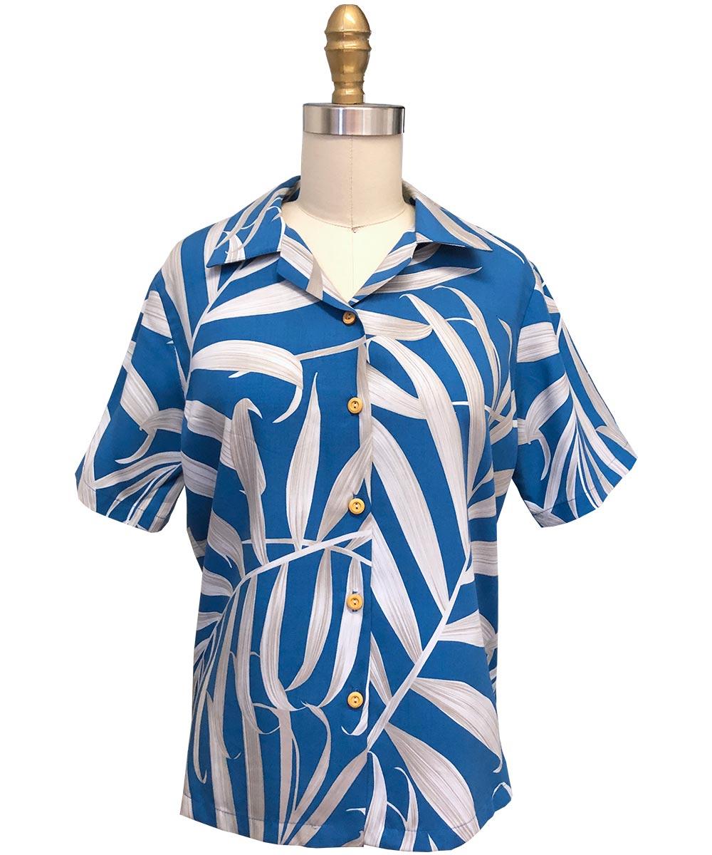 paradise found Women's Camp Shirts Women's Palm Fronds Blue Camp Shirt