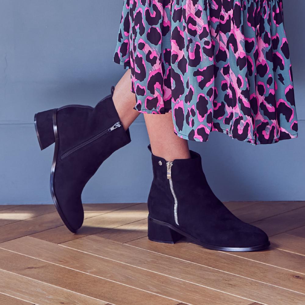 Paradox London Ainsley Ankle Boots Black Microsuede Low Block Heel Ankle Boot