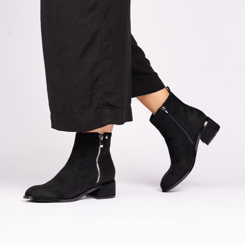 Paradox London Ainsley Ankle Boots Black Microsuede Low Block Heel Ankle Boot