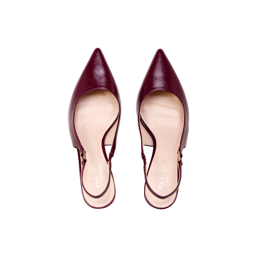 Paradox London Chantelle Slingback Heels Cherry Lacquer Slingback Flared Heels